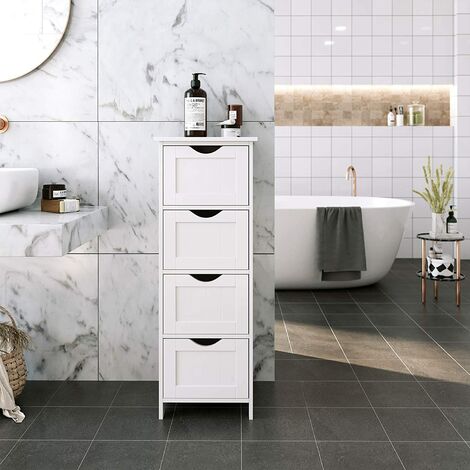 LEADZM Meuble De Salle De Bain Étagère Sur Pied - Armoire Avec 1 Tiroir, 1 Porte Et 3 Compartiments Ouverts, 39x29.5x173 Cm, Blanc Brillant