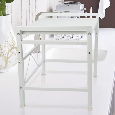 Hofuton Support Four Micro-Ondes avec 2 Niveaux Extensible en Hauteur & Largeur avec 6 Crochets Parfaits pour Accrocher Vos Ustensiles de Cuisine Blanc