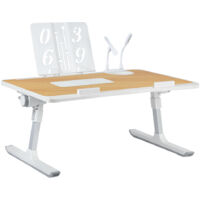 Hofuton Table de Lit pour Ordinateur Portable, Réglable en Hauteur et Angle, Plateau de Lit, Pliable, avec Refroidisseur/Ports USB, pour Canapé/Bureau/Sol, 60x40cm, Couelur du Bois