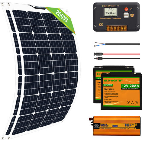ECO-WORTHY 260W Flexible Solar Panel Complete Kit 20AH Lithium Battery 600W 12V-220V Inverter
