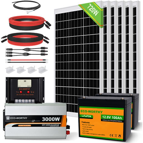 ECO-WORTHY 720W 24V Solar Panel Kit Photovoltaic Off Grid System with 2pcs 12v  100AH Lithium Battery and 3000W inverter Plug & Play Caravan Home