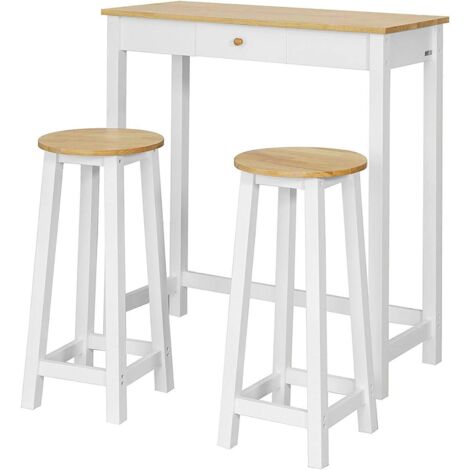 Sobuy – Table mange-debout 1 place FWT50WN – 95x40x107 cm – Bois de caoutchouc et MDF laqué blanc – Ensemble avec 2 tabourets fixes