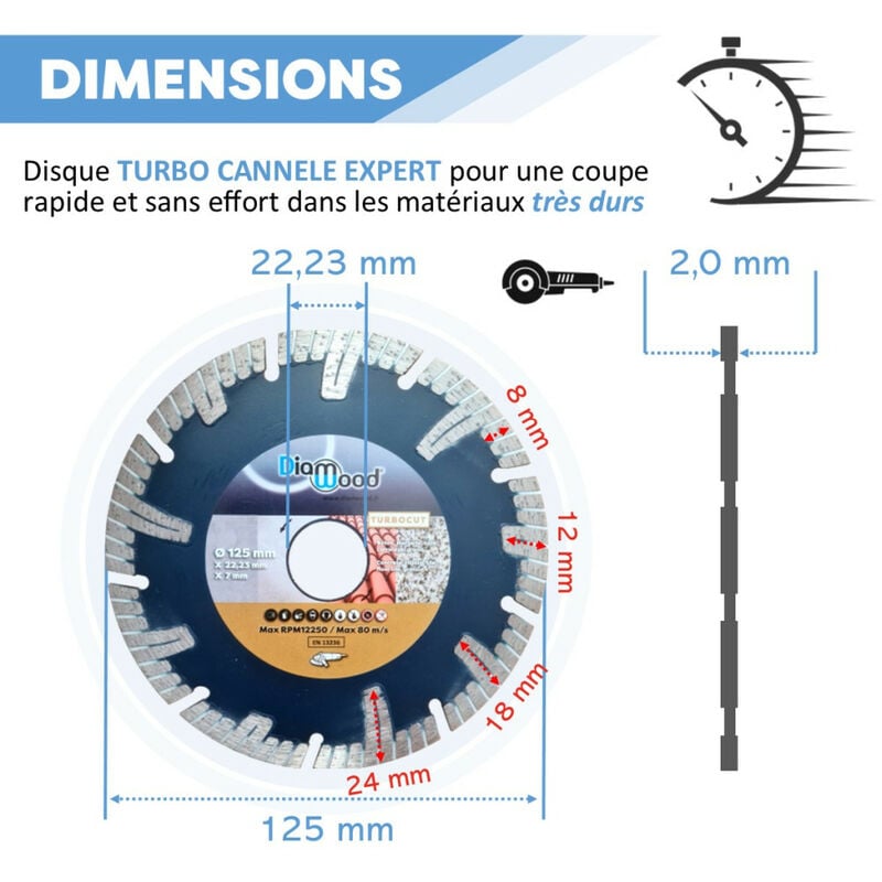 Disque diamant turbo 230 x Al. 22,23 x ép. 2,6/1,8 mm x Ht. 7 mm béton,  margelle, tuile, carrelage, granit - TURBOCUT - Diamwood