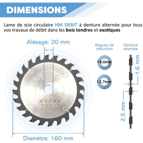 Lame de scie circulaire portative HM débit D. 160 x Al. 20 x ép. 2,5/1,6 mm x Z24 Alt pour bois - Diamwood