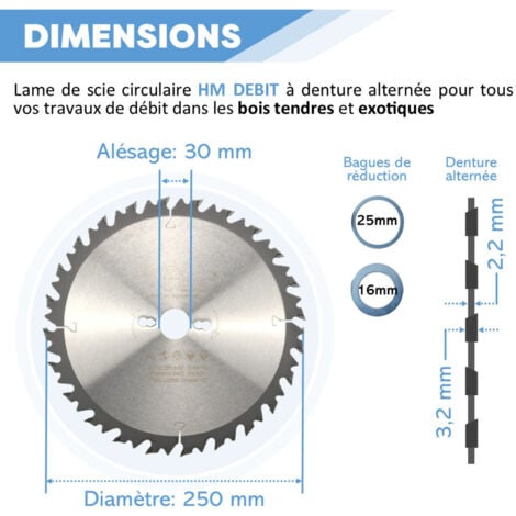 Lame de Scie Circulaire Bois pour Scies sur Table, Combinée ou Toupie Scie - Débit Bois - Carbure - 24 Dents Alternées Positives - Diamètre 250 mm - Alésage 30 mm - Epaisseur 3,2/2,2 mm - DIAMWOOD
