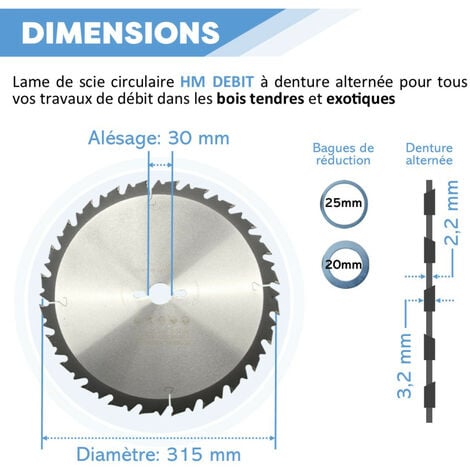 Lame de scie circulaire HM débit D. 315 x Al. 30 x ép. 3,2/2,2 mm x Z24 Alt + AR pour bois - Diamwood