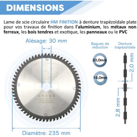 Lame de scie circulaire portative HM finition D. 235 x Al. 30 x ép. 2,8/2,0 mm x Z62 TP Neg pour Alu/bois - Diamwood