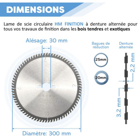 Lame de scie circulaire HM finition D. 300 x Al. 30 x ép. 3,2/2,2 mm x Z72 Alt pour bois - Diamwood