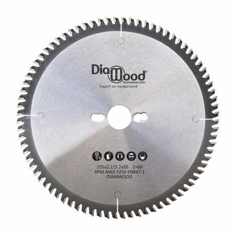 Lame de scie circulaire HM universelle D. 255 x Al. 30 x ép. 3,2/2,2 mm x Z60 Alt pour bois - Diamwood