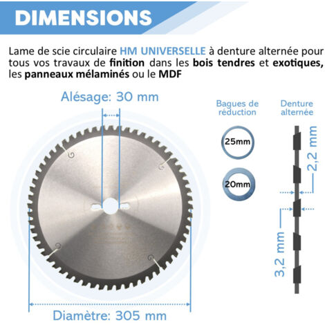 Lame de scie circulaire HM universelle D. 305 x Al. 30 x ép. 3,2/2,2 mm x Z60 Alt Nég pour bois - Diamwood