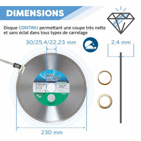 Disque Diamant Carrelage et Faïence pour Meuleuse - Lame Diamantée à  Tronçonner - Diamètre 230 mm - Al. 30/25,4/22,23 mm - H. 5 mm - CUTTER -  DIAMWOOD