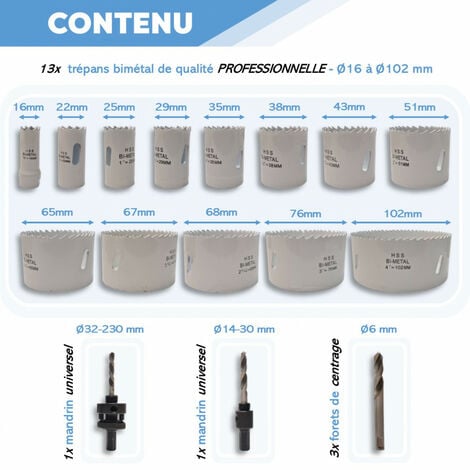 Scie Cloche Bi-métal,13 PCS Coffret de Scie Trépan 18-75mm,Scie Cloche avec  Adaptateur Hexagonal et Foret de Centrage,pour Percer