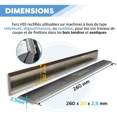 2 X Fers de Rechange pour Raboteuse ou Dégauchisseuse - Lames de Rabot Réaffutables - 260 x 20 x 2.5 mm - Outil de Travail du Bois Dur ou Bois Tendre - Acier HSS - DIAMWOOD