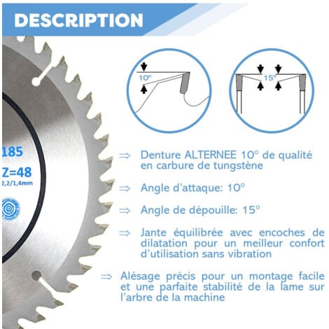 Lame Scie Circulaire Portative Universelle HM Finition Bois - Scie Circulaire Portative - Diamètre 185 mm - 48 Dents Alternées Positives - Alésage 30/25,4/20/19/16/15,9 mm- ép.2,2/1,4 mm - DIAMWOOD