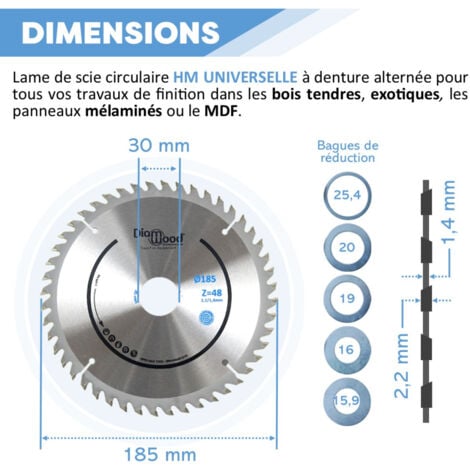 Lame Scie Circulaire Portative Universelle HM Finition Bois - Scie Circulaire Portative - Diamètre 185 mm - 48 Dents Alternées Positives - Alésage 30/25,4/20/19/16/15,9 mm- ép.2,2/1,4 mm - DIAMWOOD