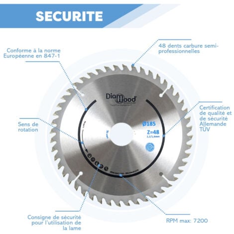 Lame Scie Circulaire Portative Universelle HM Finition Bois - Scie Circulaire Portative - Diamètre 185 mm - 48 Dents Alternées Positives - Alésage 30/25,4/20/19/16/15,9 mm- ép.2,2/1,4 mm - DIAMWOOD