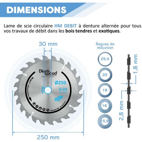 Lame de scie circulaire HM débit D. 250 x Al. 30 x ép. 2,8/1,8 mm x Z24 Alt pour bois - Diamwood
