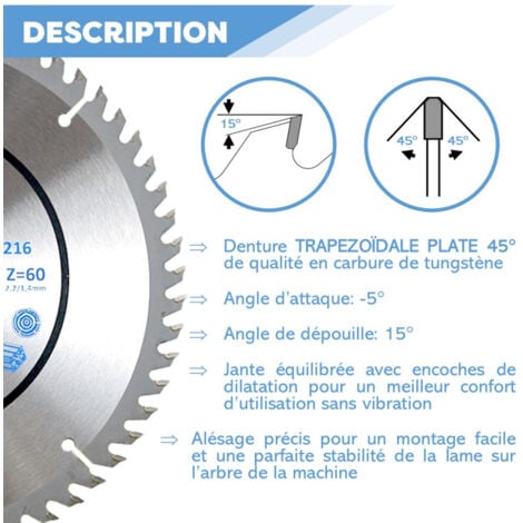 Lame de scie circulaire HM finition D. 216 x Al. 30 x ép. 2,2/1,4 mm x Z60 TP Nég pour Alu/bois - Diamwood