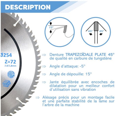 Lame de Scie Circulaire Bois Alu HM Finition Scie à Onglet - Découpe Parfaite - Diamètre 254 mm - 72 Dents Trapézoïdales Plates Négatives - Alésage 30/25,4/20/19/16/15,9 mm ép.2,8/1,8 mm - DIAMWOOD