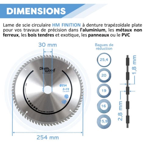 Lame de Scie Circulaire Bois Alu HM Finition Scie à Onglet - Découpe Parfaite - Diamètre 254 mm - 72 Dents Trapézoïdales Plates Négatives - Alésage 30/25,4/20/19/16/15,9 mm ép.2,8/1,8 mm - DIAMWOOD