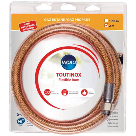 Whirlpool – Tuyau gaz Butane-Propane tout inox 2000mm – Longueur flexible – Filetage plomberie – Pression nominale PN – Compatible four et cuisinière