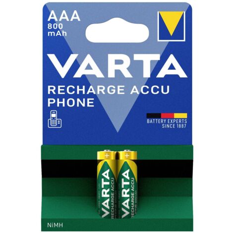 Lot de 2 piles rechargeables NiMH 800 mAh 1.2 V – Accus LR3 AAA pour téléphone sans fil – Technologie Varta