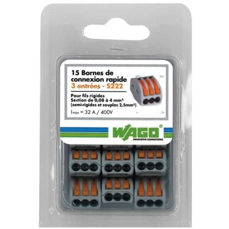 Wago – 15 bornes de connexion rapide 222 – 3 fils – Ressort cage – Courant 32A – Tension 600V – Section 12 à 29 AWG – Polyamide