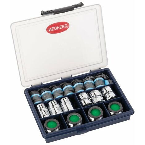 Coffret de 29 aérateurs - 6 aérateurs F22x100 - 6 aérateurs M24x100 - 15 cartouches seules - 4 aérateurs M28 - NEOPERL AG