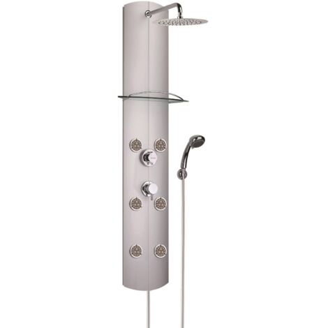 Valentin – Colonne de douche hydromassante thermostatique – Aluminium anodisé – Tête ⌀ 250 mm – 3 jets orientables – Tablette porte-accessoires (1/7)