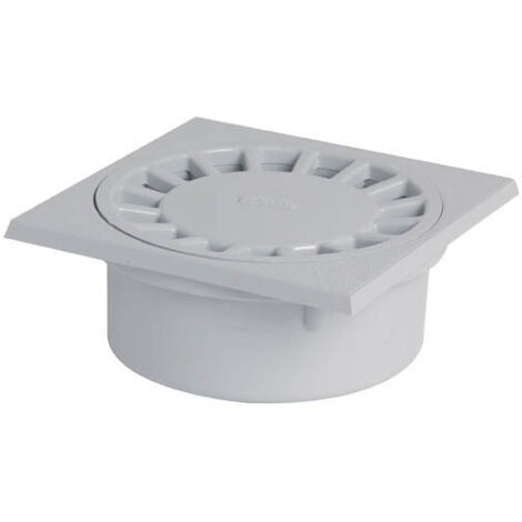 Nicoll – Siphon de cour 150x150 sorties 40/50/63 – Corps à sceller avec platine carrée – Résistance 1,5 tonne par roue – Sortie verticale en PVC gris clair