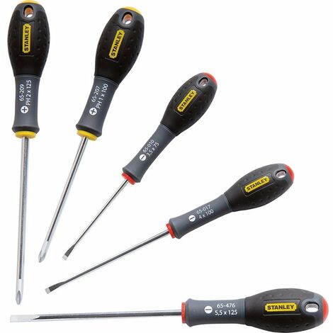 Stanley – Jeu de 5 tournevis à fente et Phillips – Acier au chrome vanadium – Poignées ergonomiques soft grip – Pour travaux électriques et de bricolage