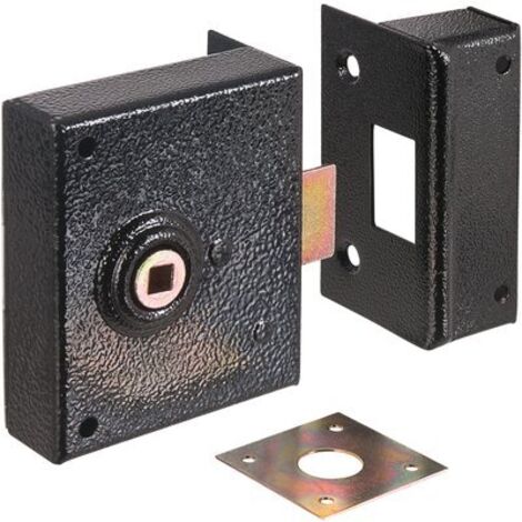 DOM – Serrure électrique en applique noire à fouillot – Axe 55 mm – Coffre acier cambré – Gâche acier – Demi-tour H.24 x L.12 mm