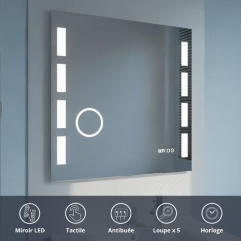 Miroir lumineux salle de bain 80x80 cm – Antibuée, loupe x5, horloge – Lumière blanche 6000K, 1200 lumens, installation murale – Excellence