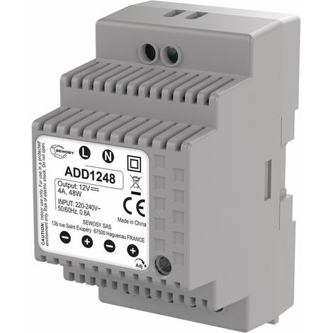 Sewosy – Alimentation sur rail DIN 230V AC – Sortie 12V DC 5A – Puissance 48W – Protection PTC contre surtensions – Montage sur rail TS-35
