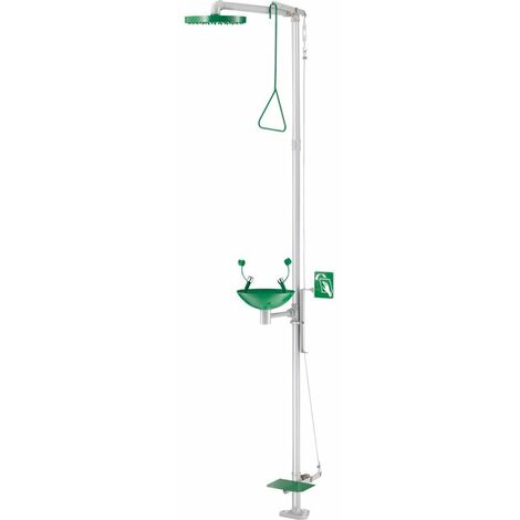 Delabie – Colonne de douche de sécurité avec lave-yeux – Commande tringle en laiton – Pommeau circulaire Ø 250 mm – Système antigel