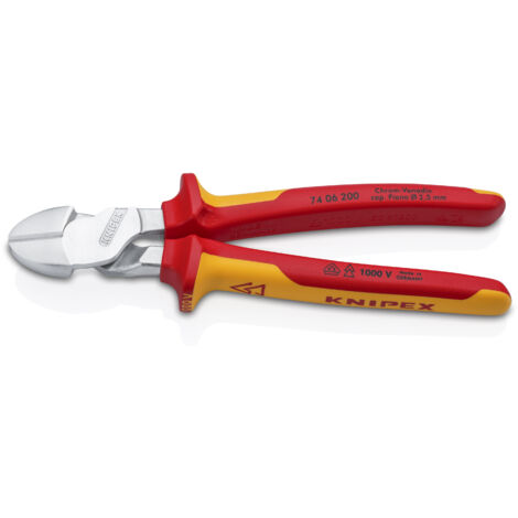 KNIPEX 74 06 200 Pince coupante de côté à forte démultiplication isolées par gaines bi-matière, certifiées VDE chromée 200 mm