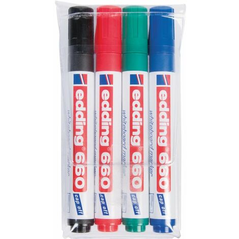 Edding – Lot de 4 marqueurs effaçables à sec – Encre pigmentée faible odeur – Pointe fine 1.5 à 3 mm pour tableaux blancs