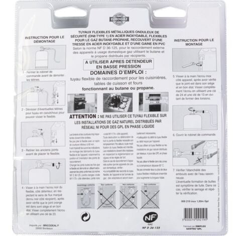 Flexible gaz butane / propane - Eurogaz - Longueur 75 cm