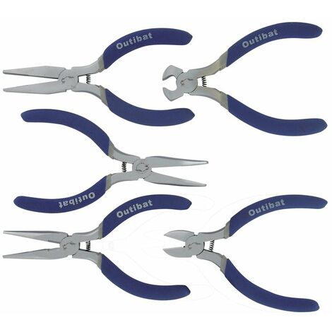 Lot de 5 mini pinces – Acier chrome vanadium – Longueur 112 mm – Coffret avec pince coupante et bec plat – Outibat