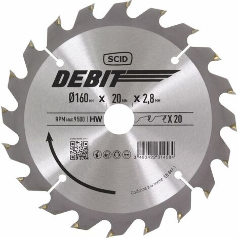 Lame au carbure pour scie circulaire SCID - Epaisseur 2,8 mm - 20 dents - Diamètre 160 mm - Alésage 20 mm