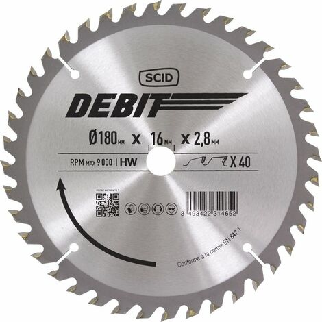 Lame de scie circulaire 180 mm – 40 dents – Alésage 16 mm – Épaisseur 2,8 mm – Pour coupes précises dans bois dur – Scid