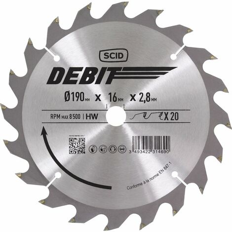 Lame au carbure pour scie circulaire SCID - Epaisseur 2,8 mm - 20 dents - Diamètre 190 mm - Alésage 16 mm