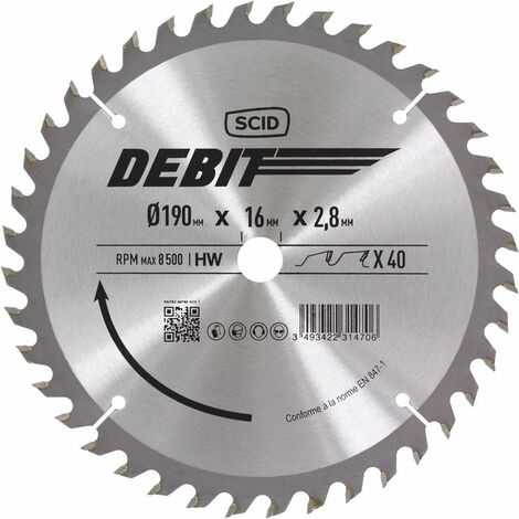 Lame de scie circulaire 190 mm – 40 dents – Alésage 16 mm – Épaisseur 2,8 mm – Pour coupes nettes dans bois dur – Scid