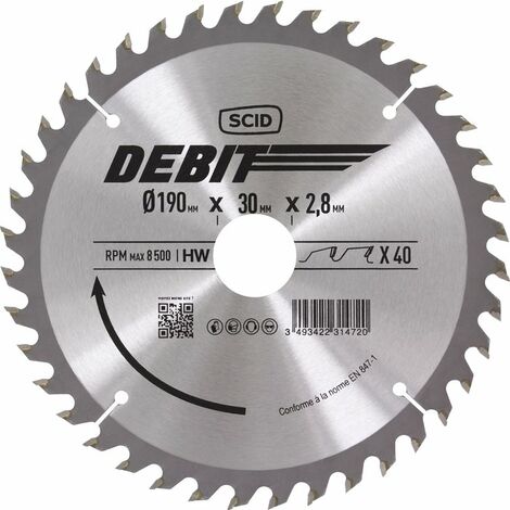 Lame au carbure pour scie circulaire SCID - Epaisseur 2,8 mm - 40 dents - Diamètre 190 mm - Alésage 30 mm