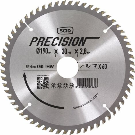 Lame de scie circulaire 190 mm – Alésage 30 mm – 60 dents – Épaisseur 2,8 mm – Pour coupes précises dans bois dur – Scid