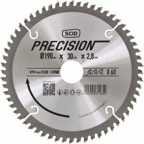 Lame de scie circulaire 190mm – Alésage 30mm – 60 dents – Épaisseur 2,8mm – Pour panneaux mélaminés et formica – Scid
