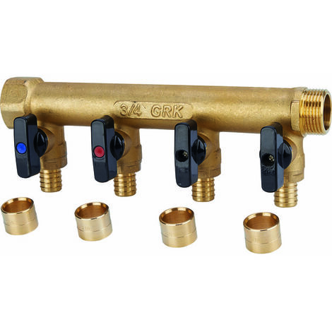 GRK – Collecteur avec vannes PER à glissement – 4 sorties – Laiton – M/F – Filetage M 3/4' – Diamètre vanne 16 mm – Entraxe 50 mm (1/2)