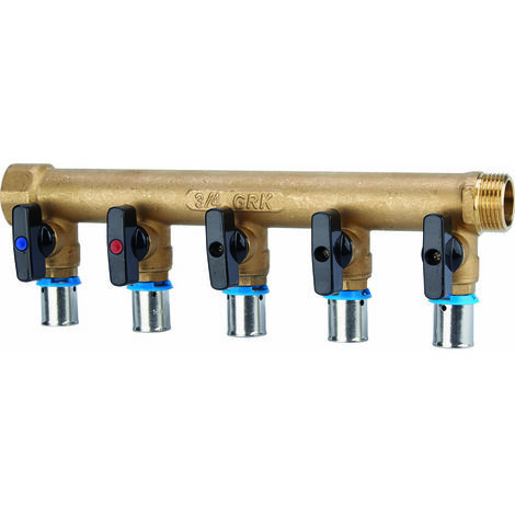 GRK – Collecteur avec vannes PER – M/F – 3/4' – diamètre 16 mm – 5 sorties – Résistance à la corrosion – Température de fonctionnement 90°C