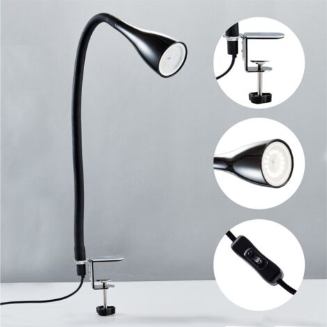 B.K.Licht Lampe de table à pince LED dimmable lampe flexible de chevet noir 5W GU10 bureau