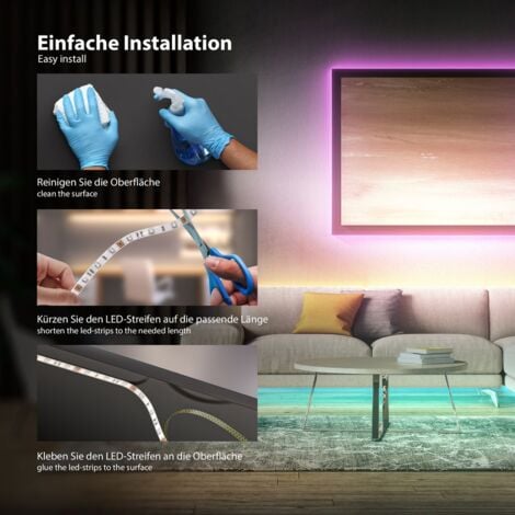 B.K.Licht 5m ruban LED interieur multicolore, guirlande lumineuse dimmable avec télécommande, auto-adhésif, lumière décorative blanche et multicolore, éclairage intérieur, 24W, longueur 5m